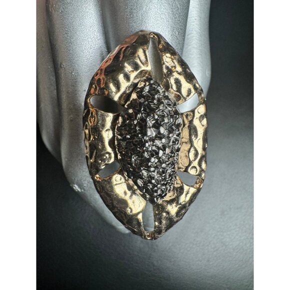 Handcrafted Hammered Brass & Black Crystals Adjustable Statement Ring Unique Boh - Picture 5 of 5